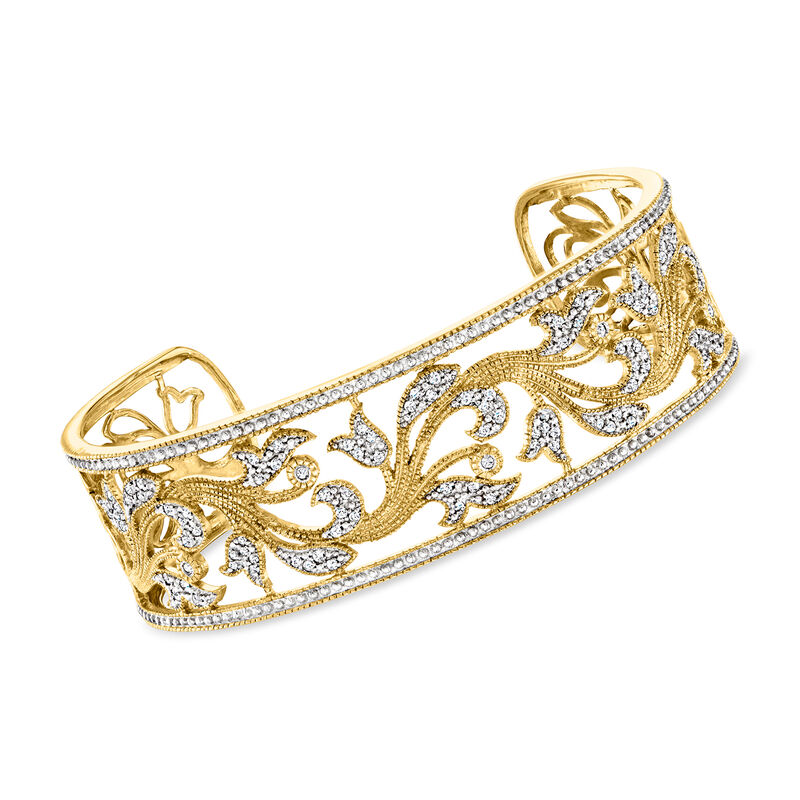 .50 ct. t.w. Diamond Floral Filigree Cuff Bracelet in 18kt Gold Over Sterling image number 0