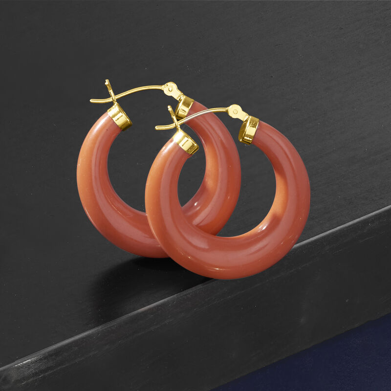 Simulated Coral Hoop Earrings in 14kt Yellow Gold. 1 1/8&quot; image number 4
