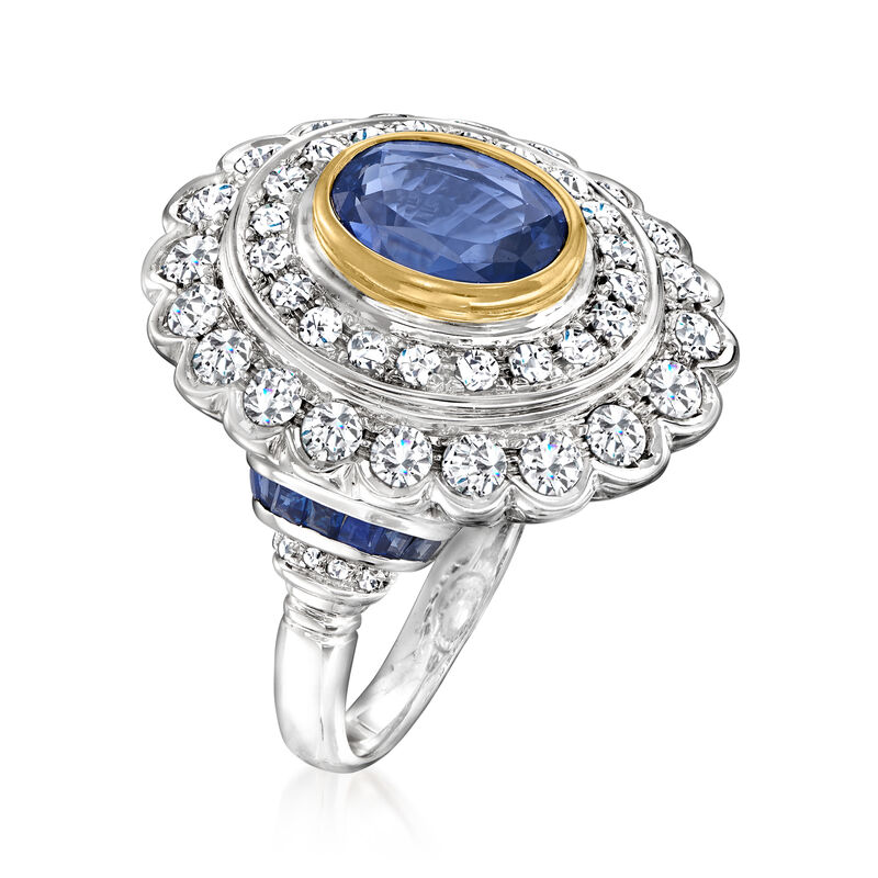 C. 1990 Vintage 2.69 ct. t.w. Sapphire and 1.42 ct. t.w. Diamond Double-Frame Ring in 18kt Two-Tone Gold image number 2