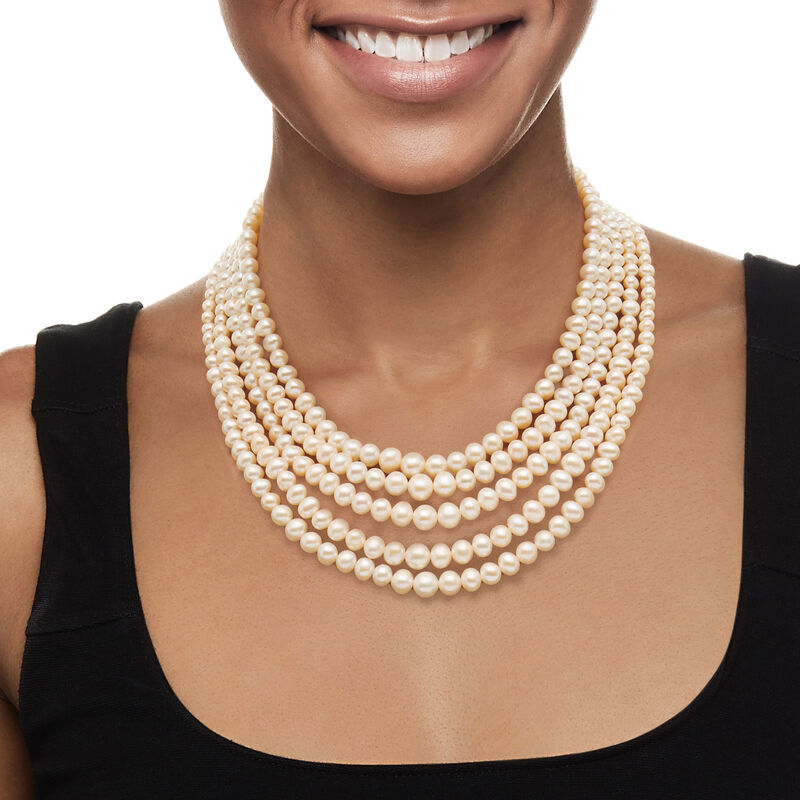 4-8.5mm Cultured Pearl Five-Strand Layered Necklace with Sterling Silver. 16&quot; image number 0