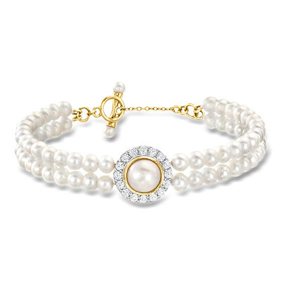 3-8.5mm Cultured Pearl and 1.00 ct. t.w. White Zircon Bracelet in 18kt Gold Over Sterling