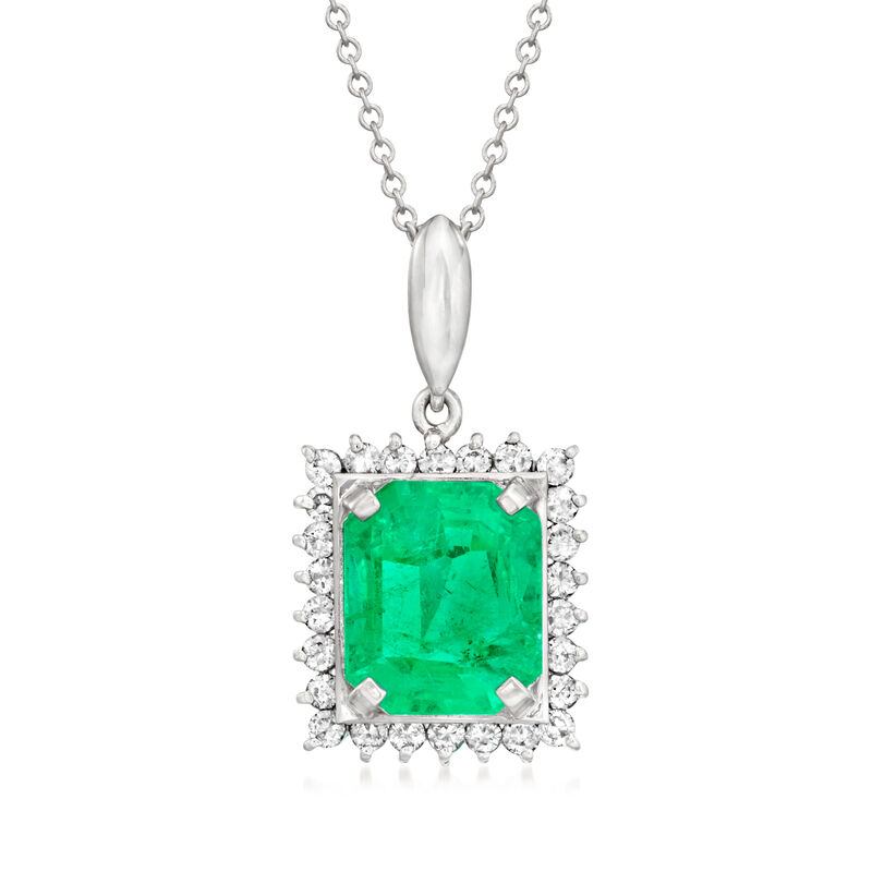 C. 1980 Vintage 3.21 Carat Emerald Pendant Necklace with .37 ct. t.w. Diamonds in Platinum image number 0