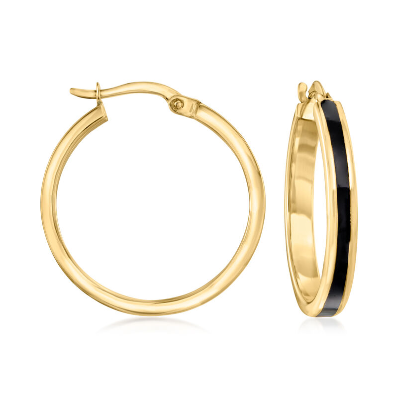 Black Enamel Hoop Earrings in 14kt Yellow Gold. 1" image number 0