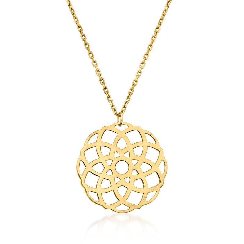 Italian 14kt Yellow Gold Geometric Flower Openwork Medallion Necklace. 16&quot; image number 1