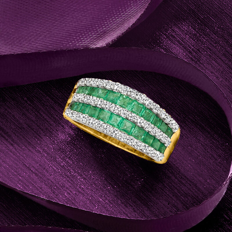 1.50 ct. t.w. Emerald and .73 ct. t.w. Diamond Multi-Row Dome Ring in 14kt Yellow Gold image number 3