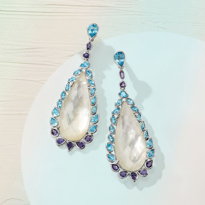 Mother-of-Pearl Doublet Drop Earrings with 5.80 ct. t.w. Swiss Blue Topaz and 1.60 ct. t.w. Iolites in Sterling Silver image number 2