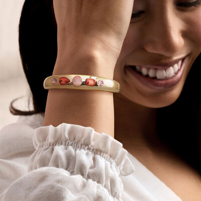 14kt Yellow Gold-Plated Bangle Bracelet with Simulated Tonal Pink and Red Gemstones