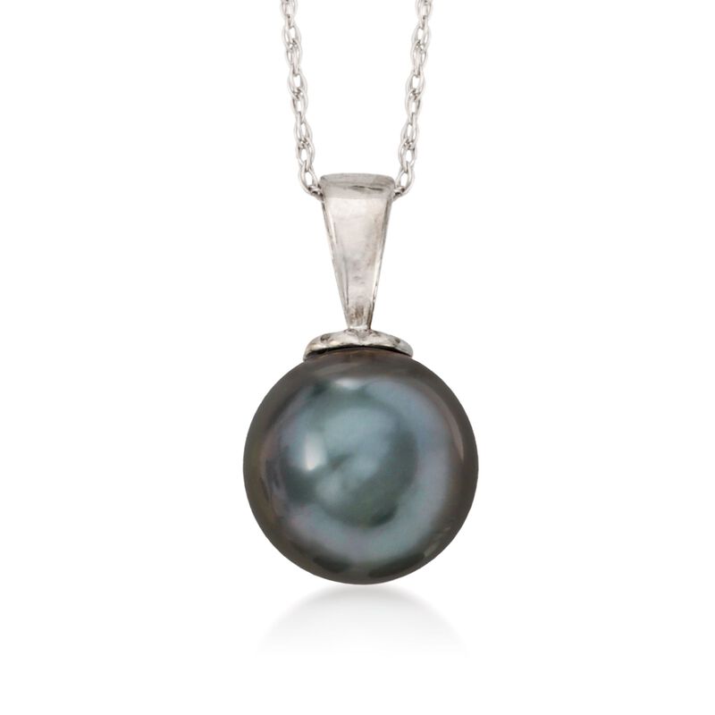 11-12mm Black Cultured Tahitian Pearl Pendant Necklace in 14kt White Gold. 18&quot; image number 0