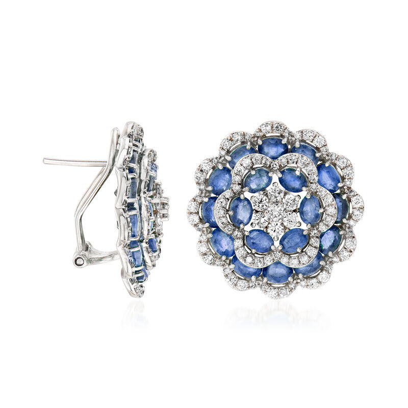 7.50 ct. t.w. Sapphire and 1.90 ct. t.w. Diamond Flower Earrings in 18kt White Gold image number 2