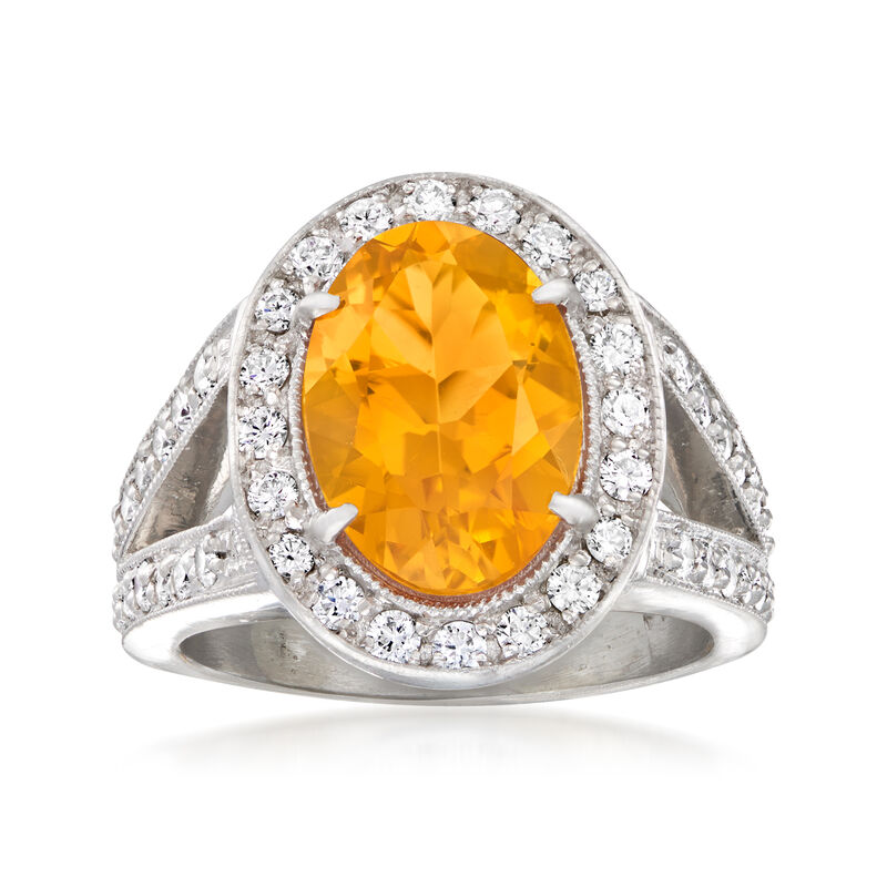 C. 1980 Vintage 4.15 Carat Citrine and 1.20 ct. t.w. Diamond Ring in Platinum. Size 6.5 image number 0
