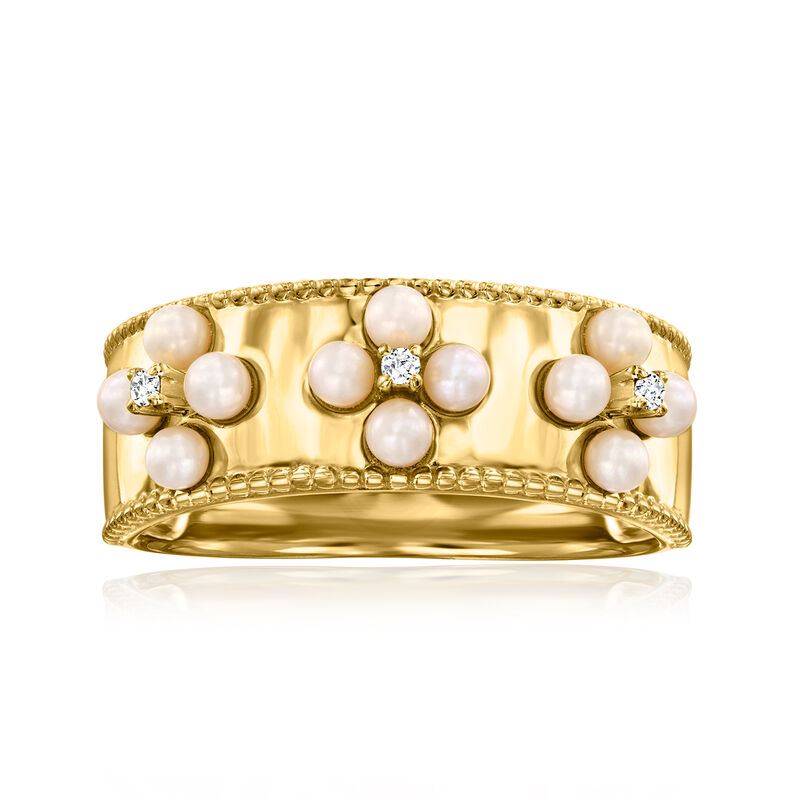 2-2.5mm Cultured Pearl Floral Ring with Diamonds in 18kt Gold Over Sterling image number 0