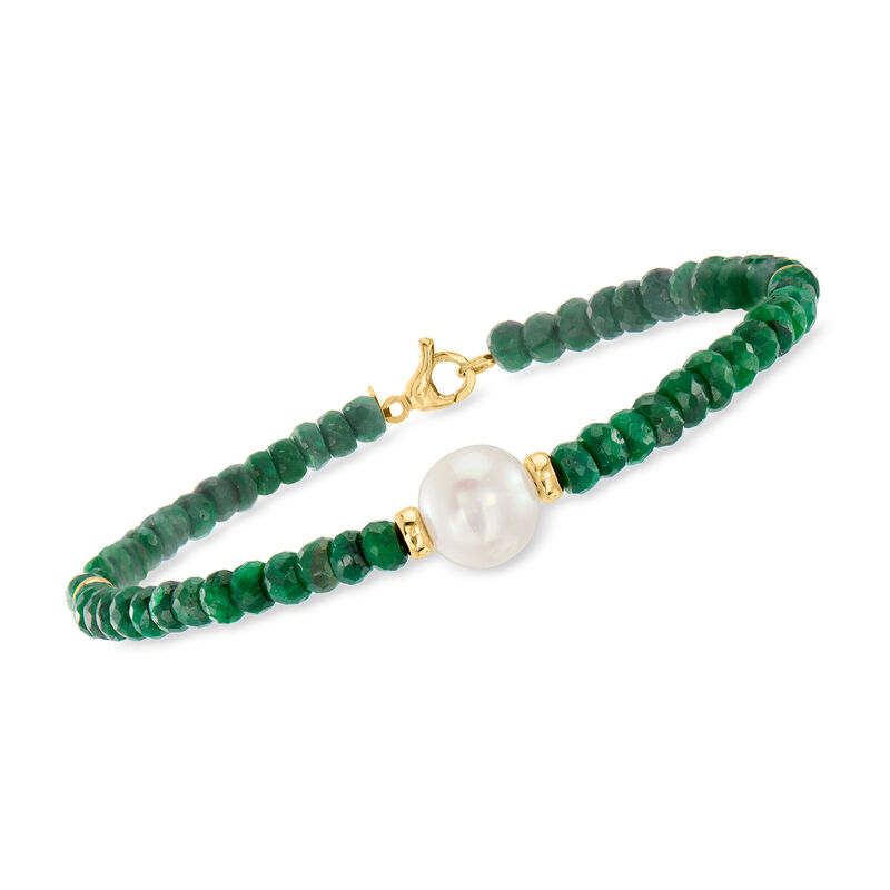 9-10mm Cultured Pearl and 26.00 ct. t.w. Emerald Bead Bracelet in 14kt Yellow Gold image number 0