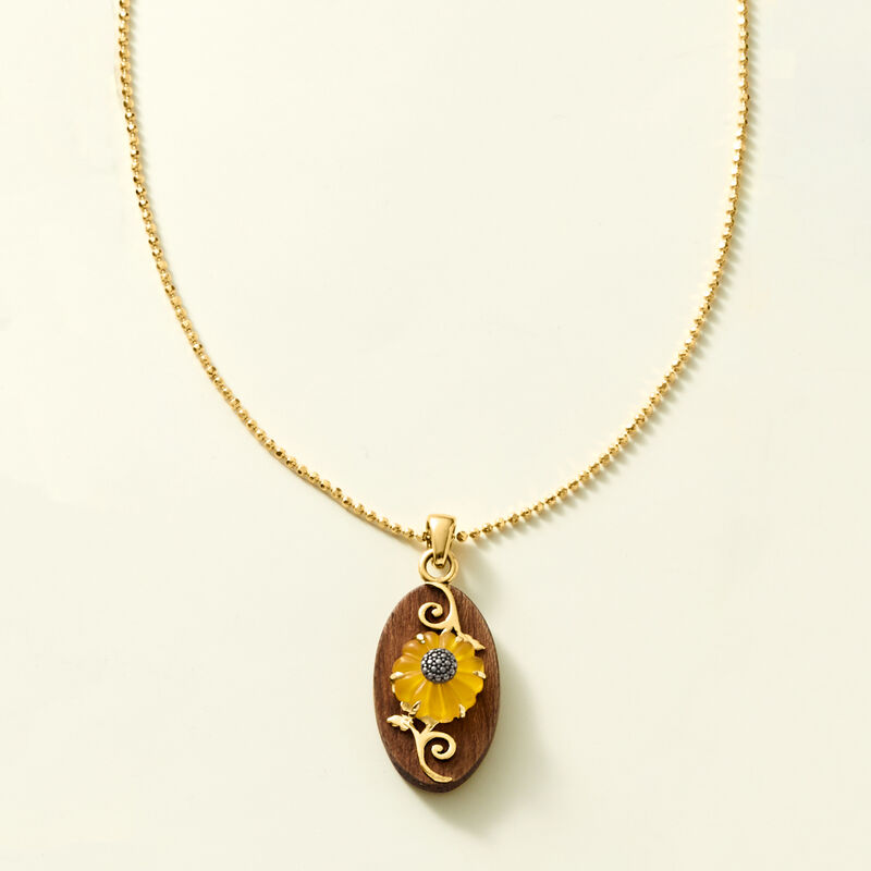 Wooden Sunflower Pendant Necklace with Yellow Chalcedony in 18kt Gold Over Sterling. 18" image number 2