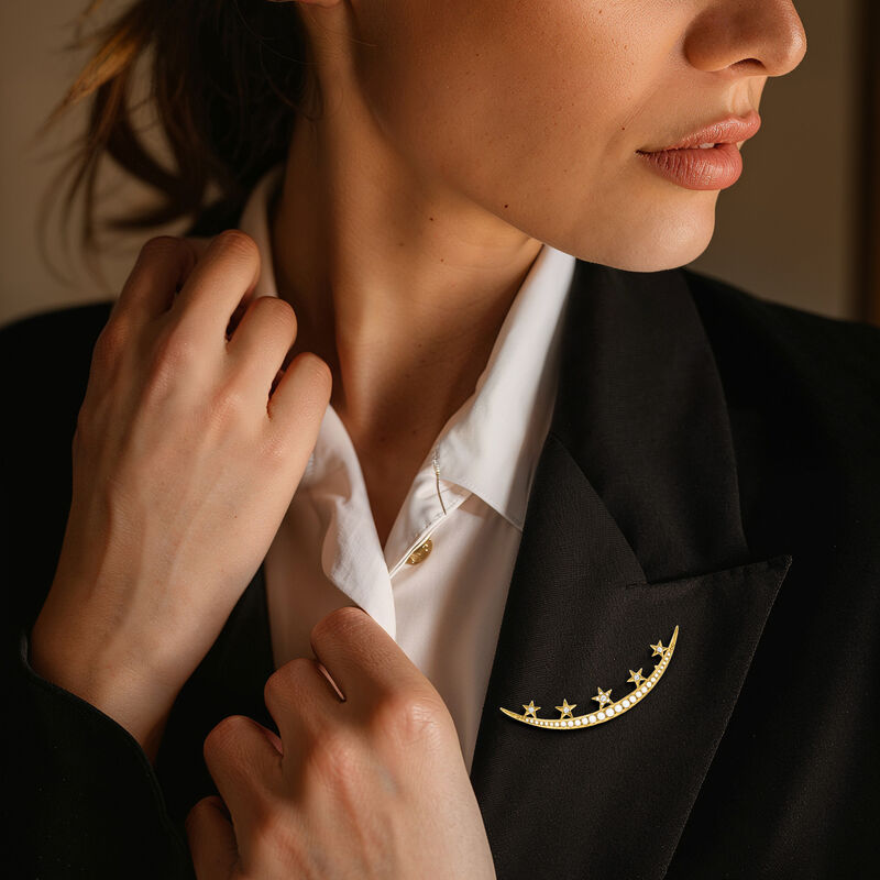 C. 1920 Vintage .25 ct. t.w. Diamond Star and Crescent Moon Pin with Cultured Pearls in 14kt Yellow Gold  image number 1