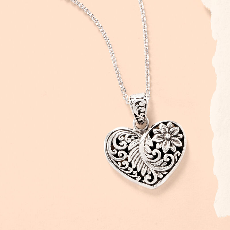 Sterling Silver Bali-Style Heart Pendant Necklace image number 3