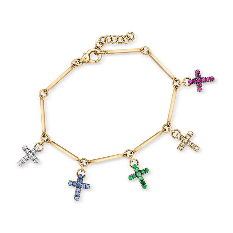 C. 1990 Vintage .98 ct. t.w. Multi-Gemstone and .56 ct. t.w. Diamond Cross Charm Bracelet in 18kt Yellow Gold. 6.5" image number 0