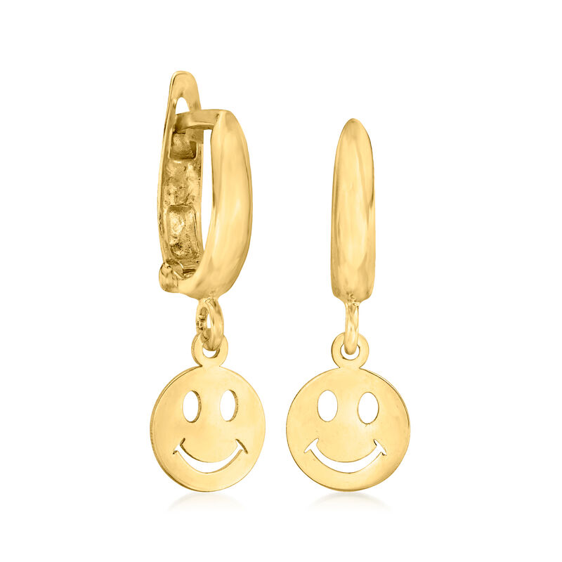 10kt Yellow Gold Smiley Face Huggie Hoop Drop Earrings image number 2