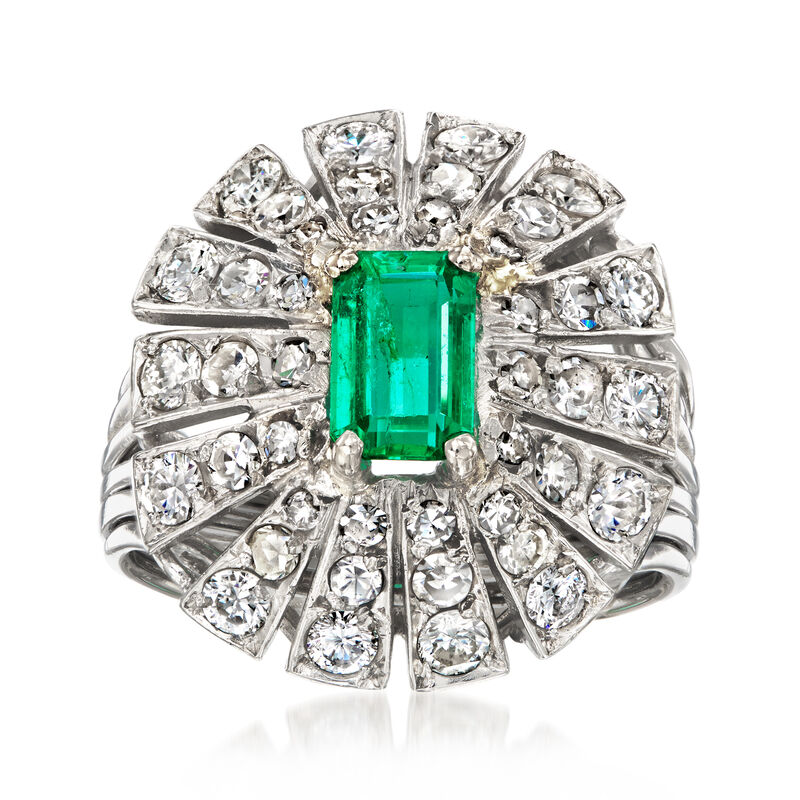 C. 1970 Vintage .77 Carat Emerald Ring with 1.20 ct. t.w. Diamonds in Platinum. Size 6 image number 0