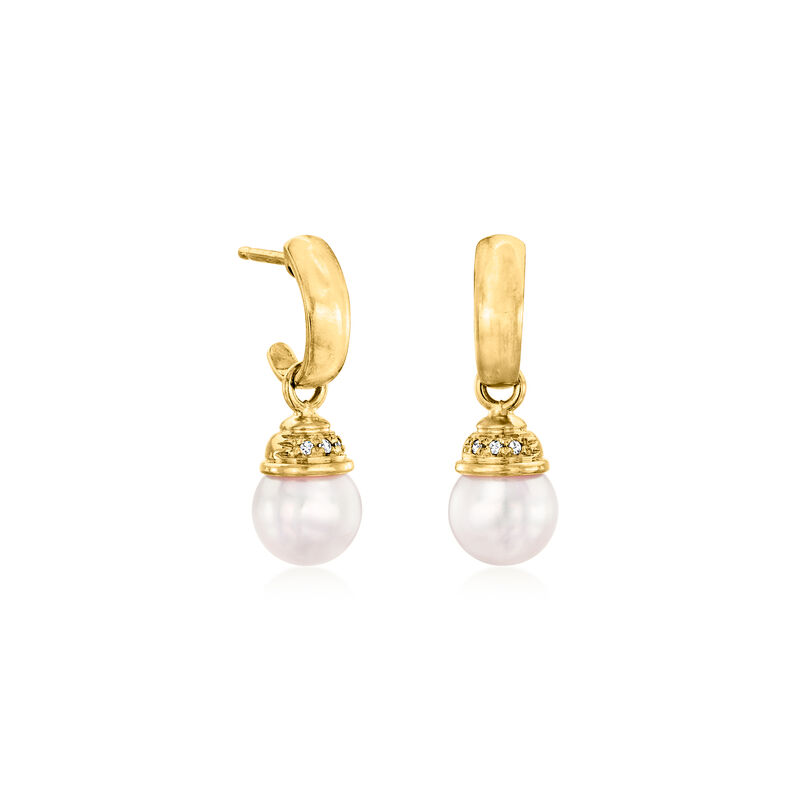 C. 1980 Vintage 8.5mm Cultured Pearl Drop Earrings with Diamonds in 18kt Yellow Gold  image number 2