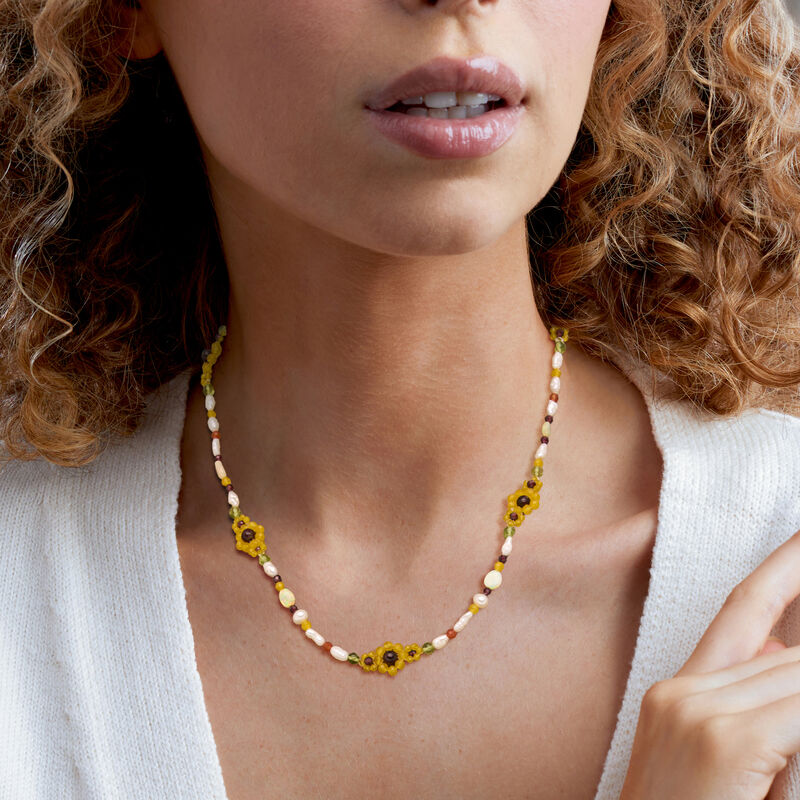Cultured Pearl and Multi-Gemstone Bead Sunflower Necklace with 18kt Gold Over Sterling. 18" image number 0