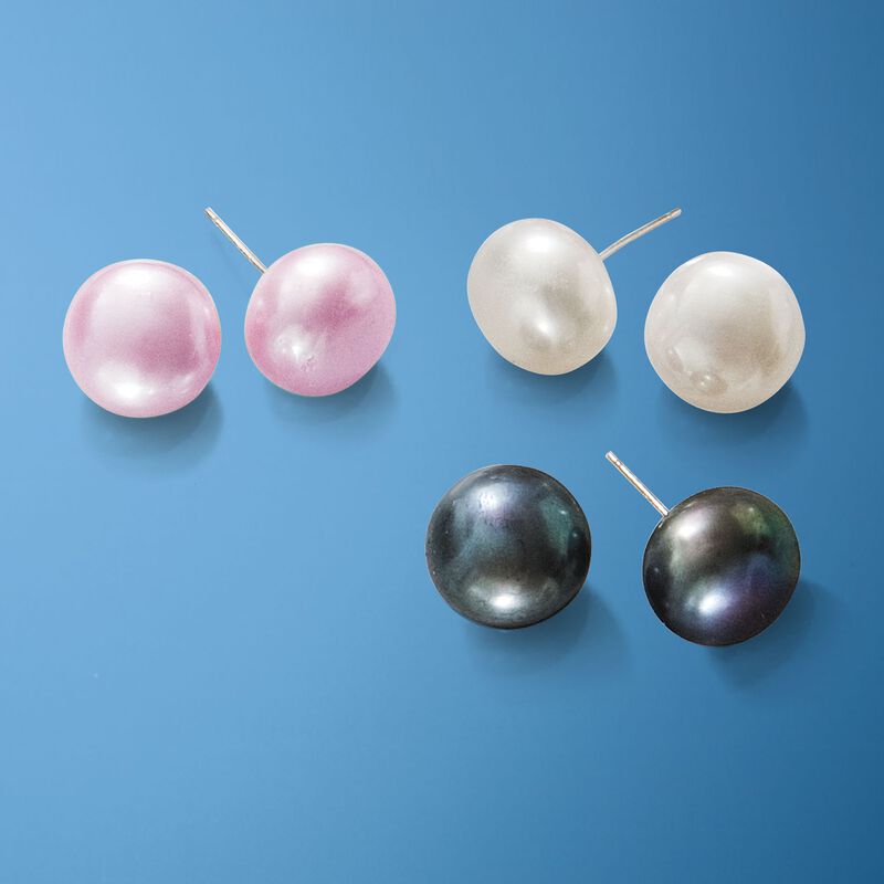 11-12mm Multicolored Cultured Pearl Jewelry Set: Three Pairs of Earrings in Sterling Silver  image number 5