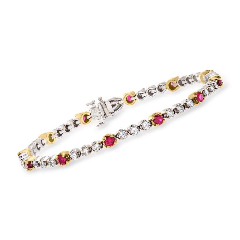 C. 1980 Vintage 2.00 ct. t.w. Diamond and 1.50 ct. t.w. Ruby Line Bracelet in 18kt Two-Tone Gold image number 0