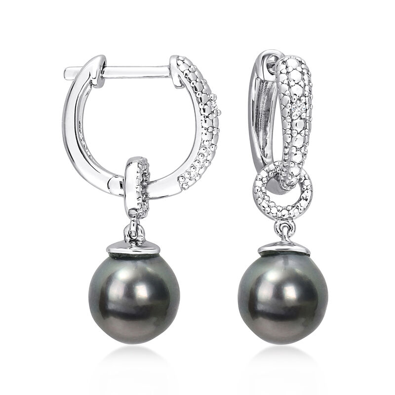8-8.5mm Black Cultured Tahitian Pearl Hoop Drop Earrings with Diamonds in Sterling Silver image number 1