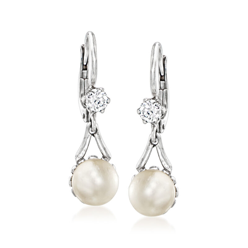 C. 1980 Vintage 7mm Cultured Pearl and .20 ct. t.w. Diamond Drop Earrings in 18kt White Gold  image number 0