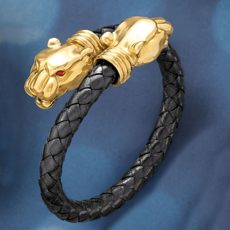 Italian 18kt Yellow Gold Panther Bypass Bracelet with Black Leather image number 3