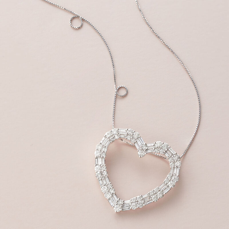 3.00 ct. t.w. Round and Baguette Diamond Open Heart Necklace in 14kt White Gold image number 3