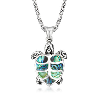 Abalone Shell Bali-Style Turtle Pendant Necklace in Sterling Silver