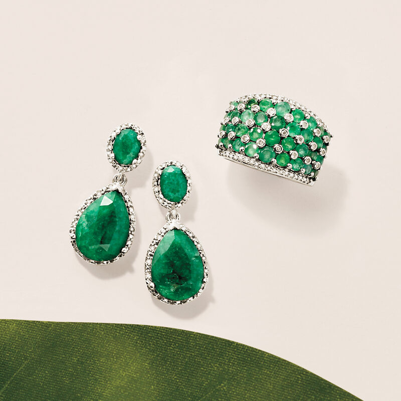 10.50 ct. t.w. Emerald and .35 ct. t.w. Diamond Drop Earrings in Sterling Silver image number 3
