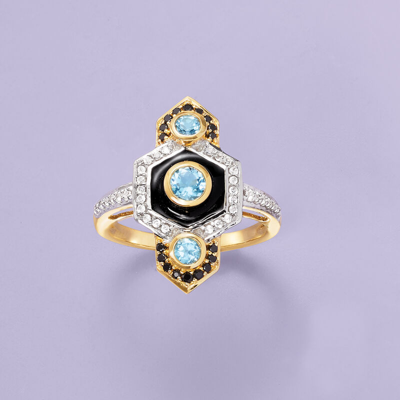 .90 ct. t.w. Multi-Gemstone Vintage-Style Ring with Black Enamel in 14kt Yellow Gold image number 3