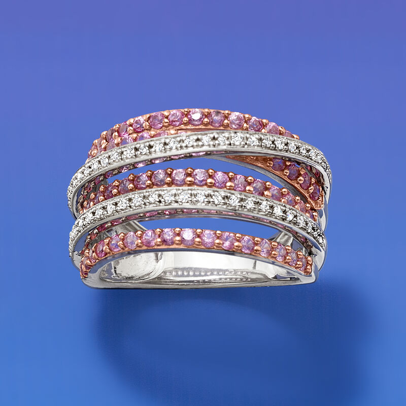 1.00 ct. t.w. Pink Sapphire and .15 ct. t.w. Diamond Highway Ring in Two-Tone Sterling Silver image number 5