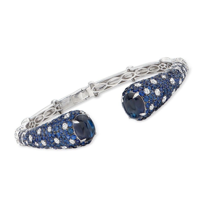 12.25 ct. t.w. Sapphire and 2.20 ct. t.w. Diamond Cuff Bangle Bracelet in 18kt White Gold image number 0