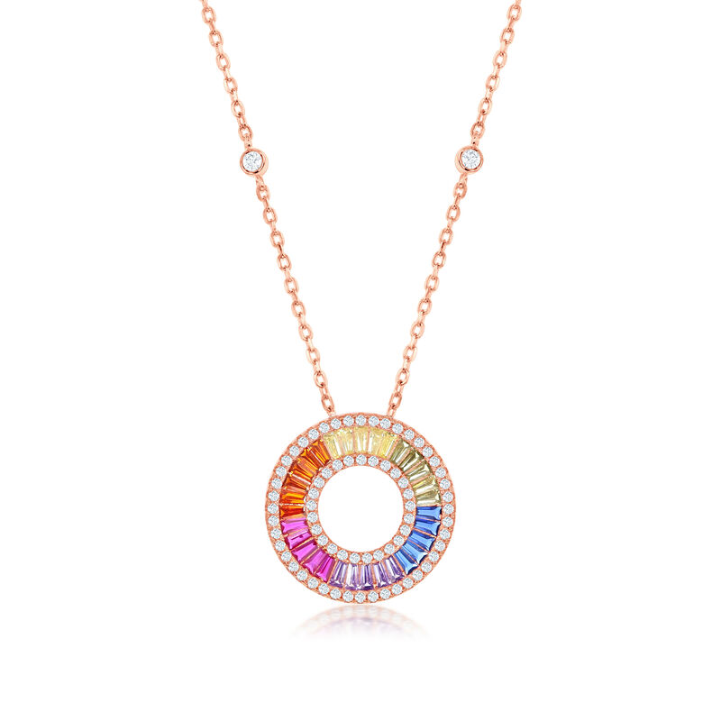 Simulated Sapphire and .70 ct. t.w. CZ Rainbow Pendant Necklace in 18kt Rose Gold Over Sterling. 16&quot; image number 0