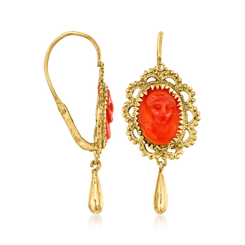 C. 1960 Vintage Coral Cameo Drop Earrings in 14kt Yellow Gold image number 2