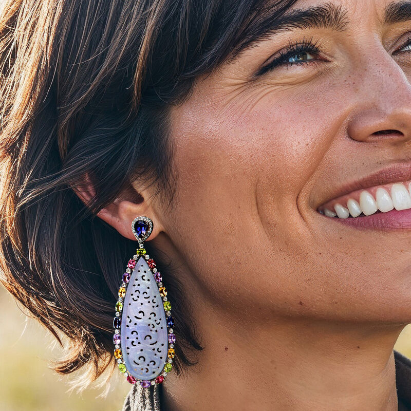Carved Lavender Jade and 8.60 ct. t.w. Multi-Gemstone Drop Earrings with .68 ct. t.w. Diamonds in 18kt White Gold  image number 1