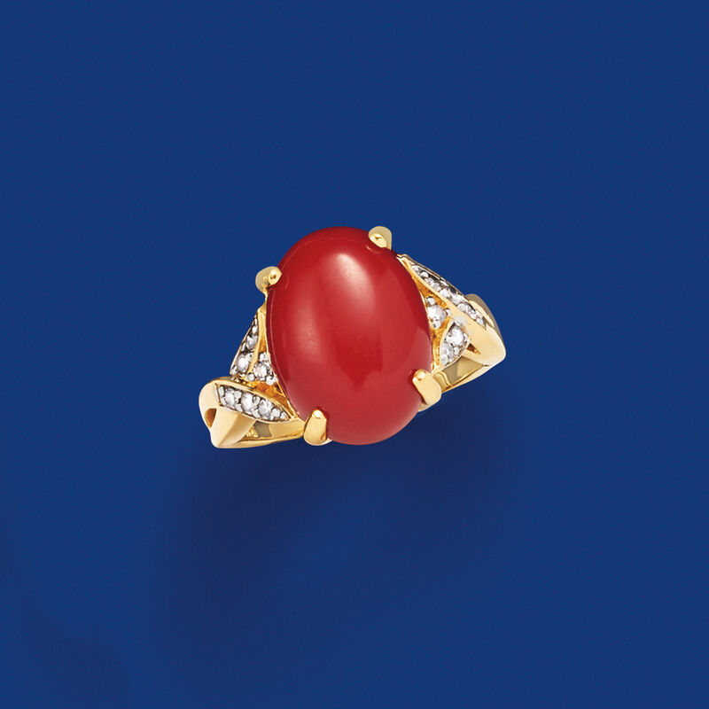 Red Coral and .15 ct. t.w. Diamond Ring in 18kt Yellow Gold image number 3