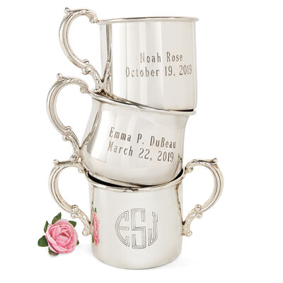 Empire Sterling Silver Personalized Floral Double-Handed Baby Cup