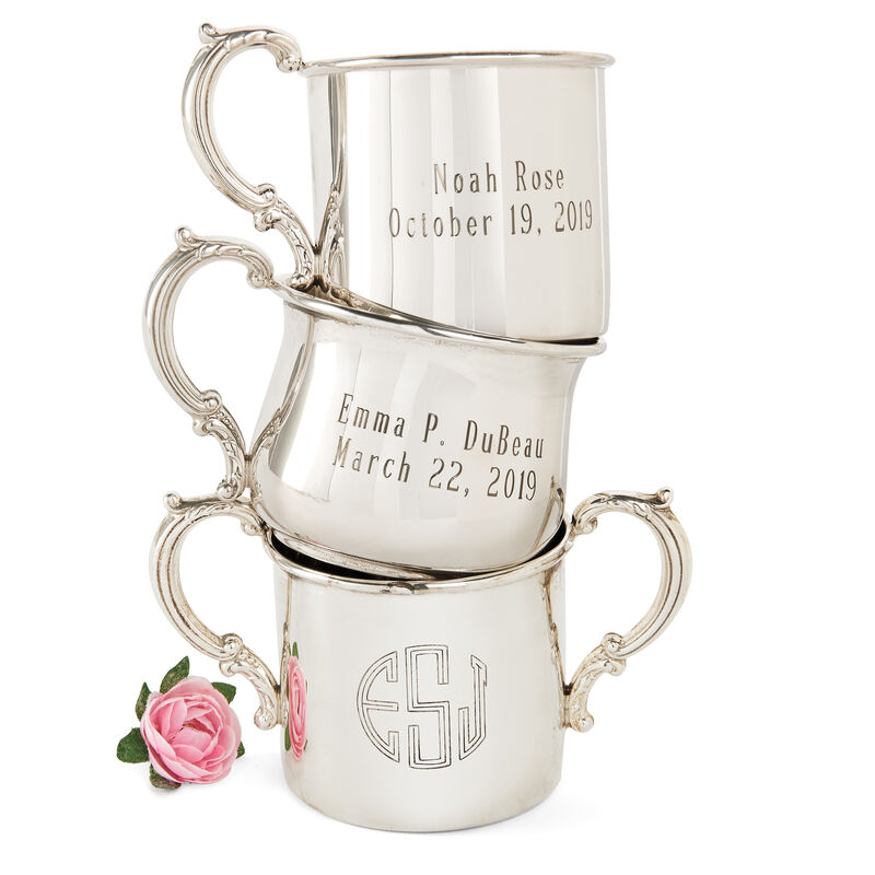 Empire Sterling Silver Personalized Floral Double-Handed Baby Cup image number 1
