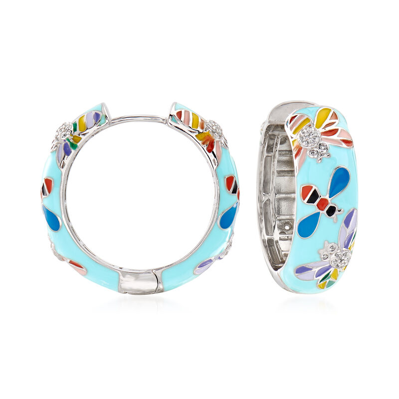 .40 ct. t.w. White Topaz and Multicolored Enamel Critter Hoop Earrings in Sterling Silver. 1&quot; image number 0