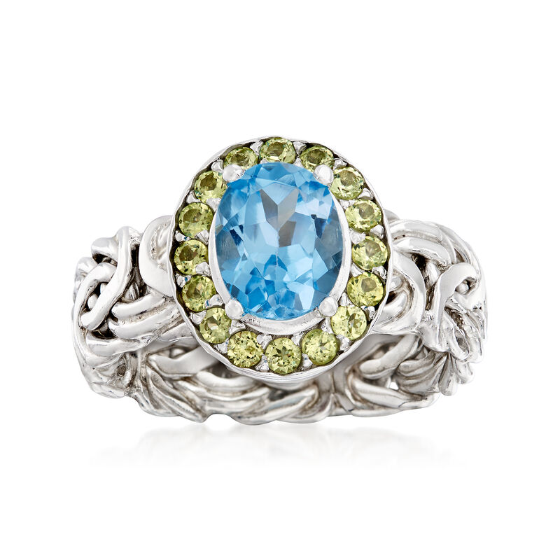 2.20 Carat Blue Topaz and .50 ct. t.w. Peridot Byzantine Ring in Sterling Silver image number 0