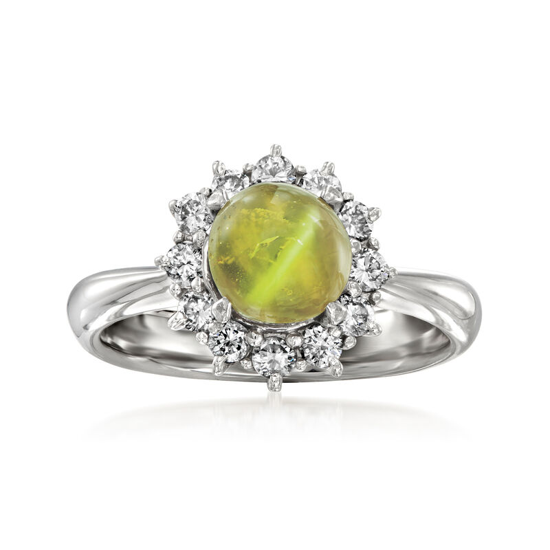 C. 1990 Vintage Cat's Eye Green Chrysoberyl Ring with .37 ct. t.w. Diamonds in Platinum. Size 5 image number 0
