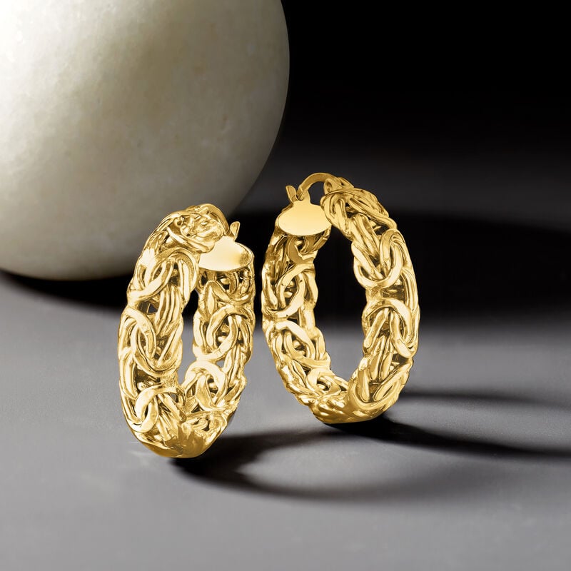 18kt Gold Over Sterling Small Byzantine Hoop Earrings. 1&quot; image number 2