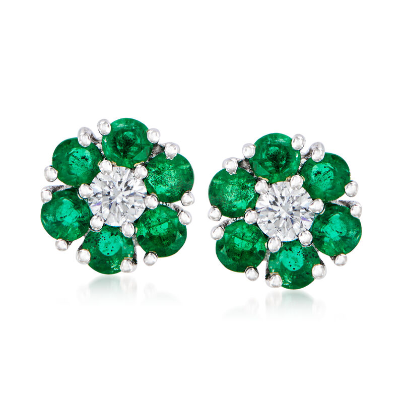 1.20 ct. t.w. Emerald and .26 ct. t.w. Diamond Flower Stud Earrings in 14kt White Gold image number 0