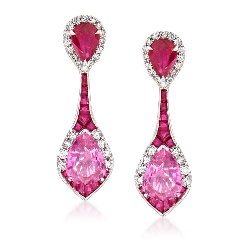 1.70 Carat Pink Sapphire and 2.50 ct. t.w. Ruby with .48 ct. t.w. Diamond Drop Earrings in 14kt White Gold image number 0