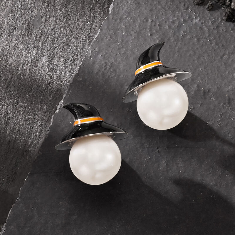 8-8.5mm Cultured Pearl and Multicolored Enamel Witch Hat Earrings in Sterling Silver image number 2