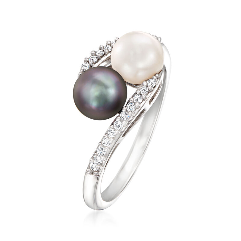 6-6.5mm Black and White Cultured Pearl and .13 ct. t.w. Diamond Bypass Ring in Sterling Silver image number 2