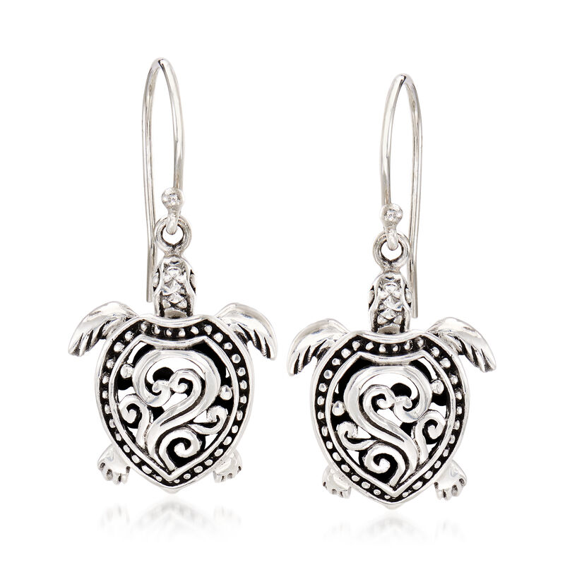 Sterling Silver Bali-Style Turtle Drop Earrings image number 0